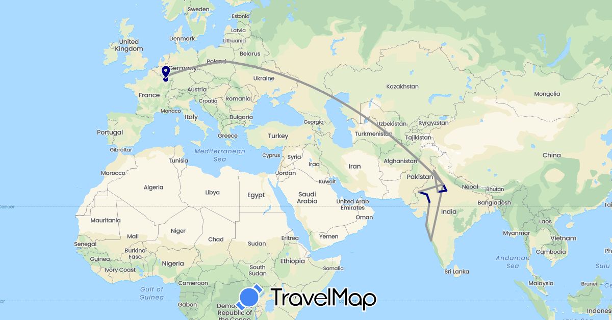 TravelMap itinerary: driving, plane in France, India, Luxembourg, Poland (Asia, Europe)